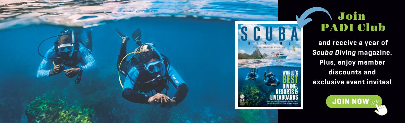 divers underwater, cover of scuba diving magazine, join padi club